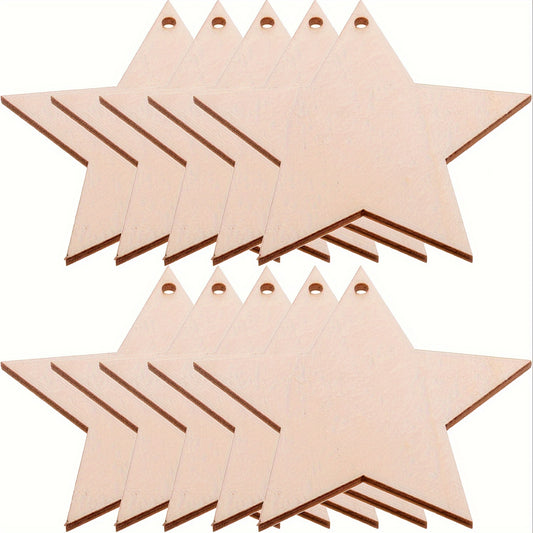 10pcs Natural Wooden Star Hollow Decoration with Hemp Rope for DIY Craft