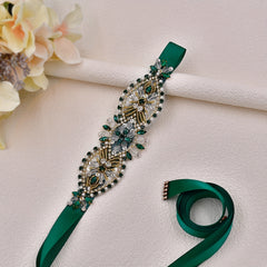 Vintage Rhinestone Waist Belt Sparkling Crystals Green Ribbon Bridal Sash