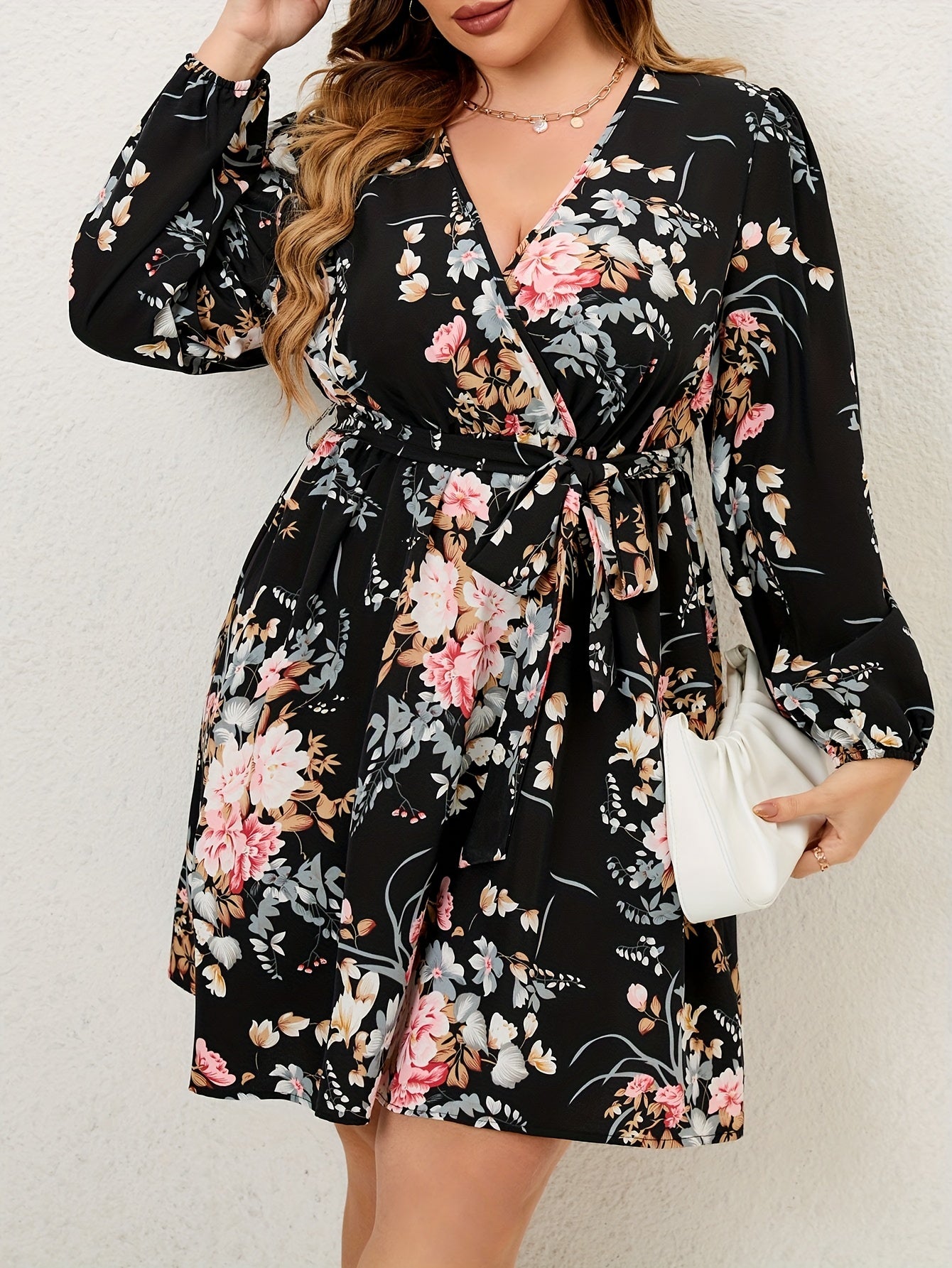 Floral Print Lantern Sleeve Knee Length Dress With Belt