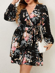 Floral Print Lantern Sleeve Knee Length Dress With Belt