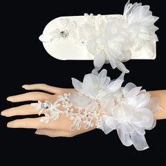 Bridal Lace Wedding Gloves with Floral Hollow Out and Jeweled Accents
