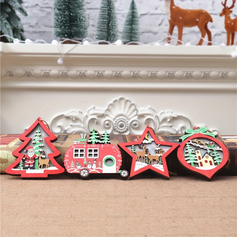 4pcs Wooden Star Car Pendant Christmas Tree Decorations