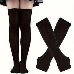 Teenagers Colorful Striped Thigh High Stockings & Fingerless Gloves Set