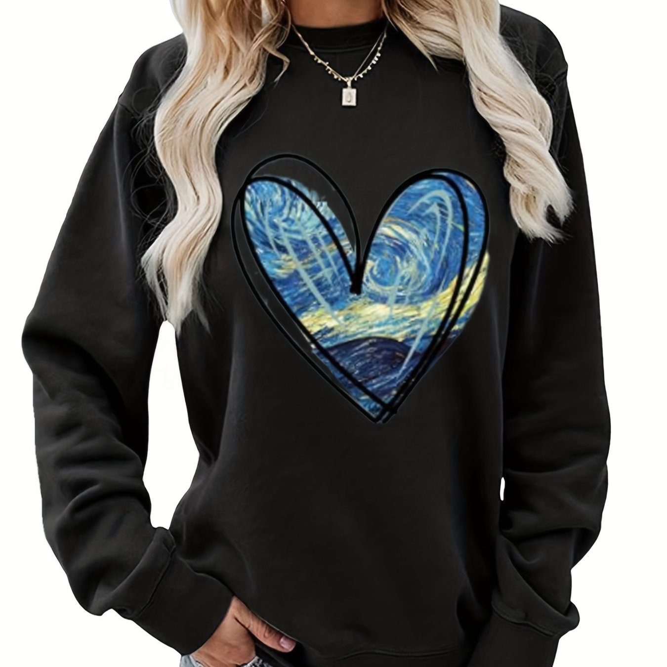 Heart Print Sweatshirt Crew Neck Long Sleeve for Fall & Winter