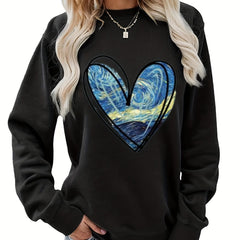 Heart Print Sweatshirt Crew Neck Long Sleeve for Fall & Winter