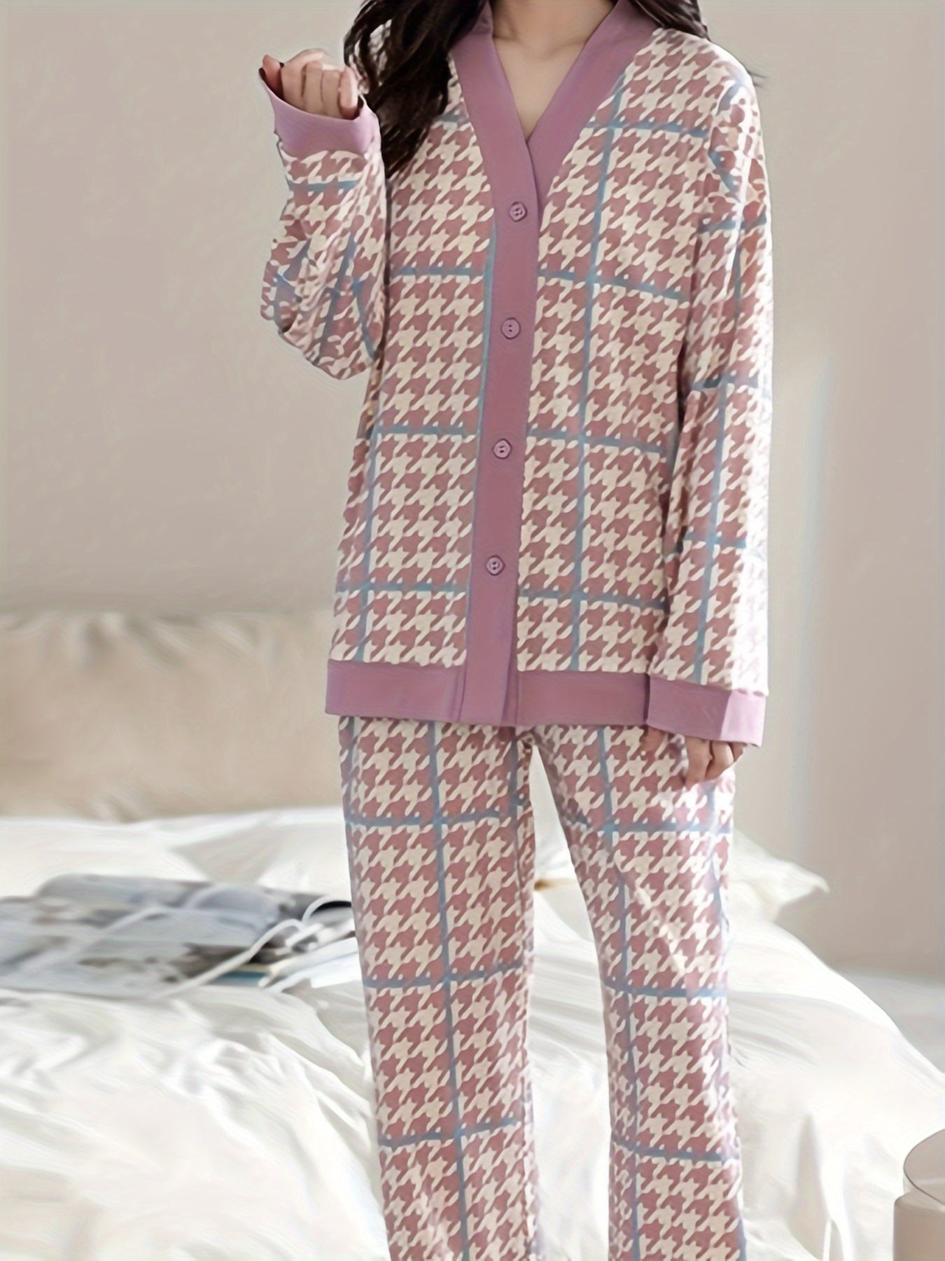 Houndstooth Print Pajama Set V Neck Top & Pants