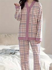 Houndstooth Print Pajama Set V Neck Top & Pants