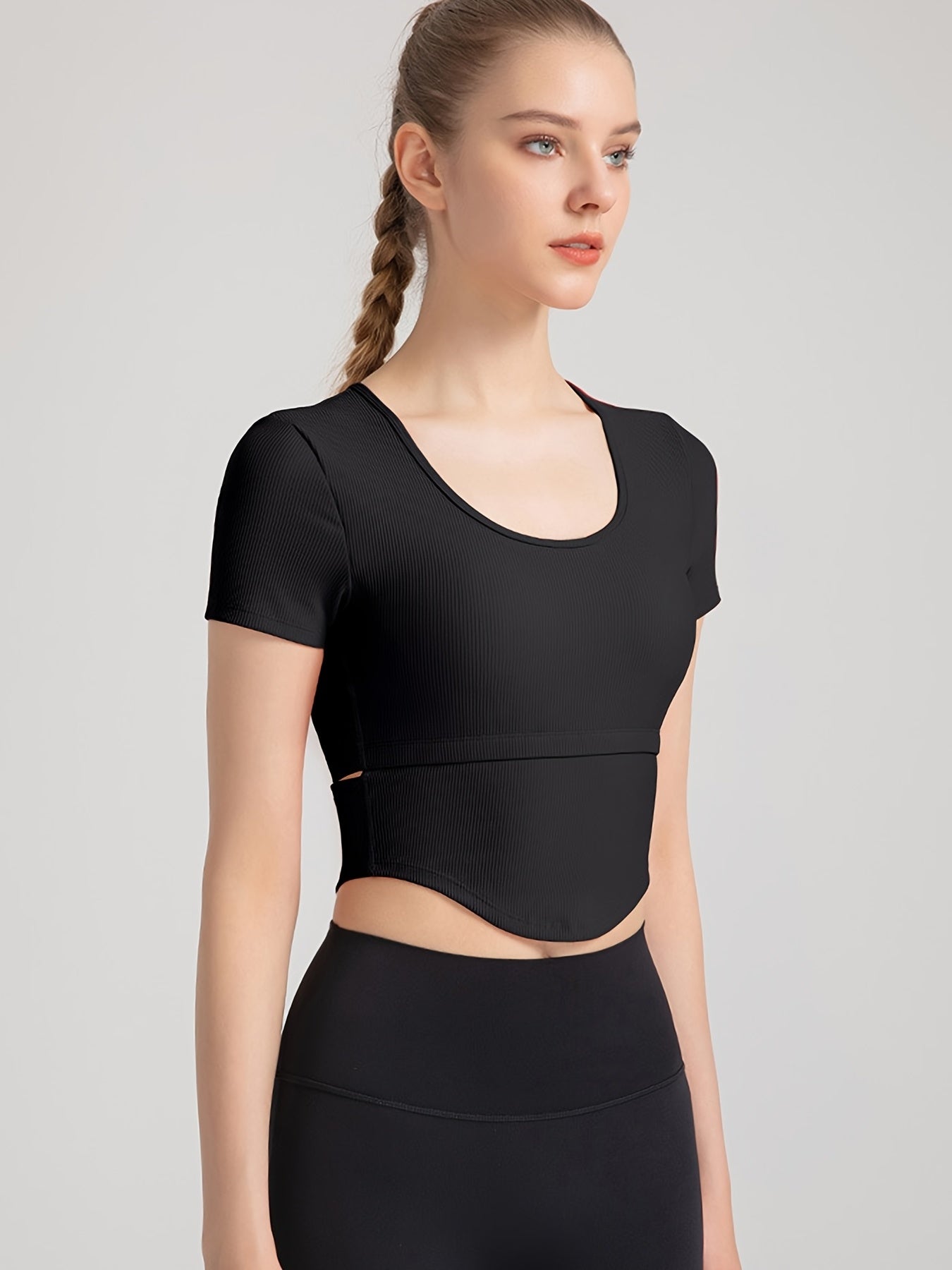 Women's U Neck Short Sleeve Athletic T Shirt with Cutout Back