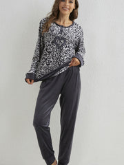 Leopard Print Pajamas Set Long Sleeve Crew Neck Top & Pants