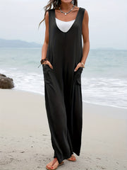 Casual Tank Jumpsuit Women's Plus Solid V Neck Loose Overall Jumpsuit
