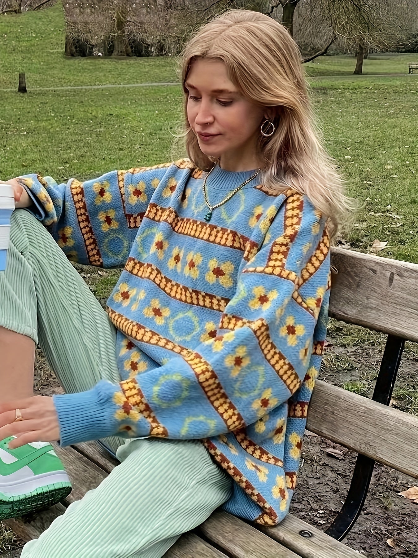 Colorblock Floral Print Long Sleeve Sweater