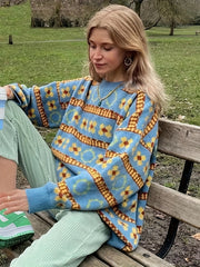 Colorblock Floral Print Long Sleeve Sweater