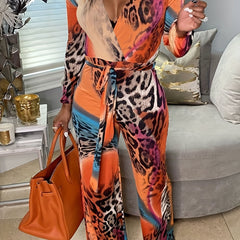 Leopard Print Surplice Neck Jumpsuit Long Sleeve Wide Leg Jumpsuit