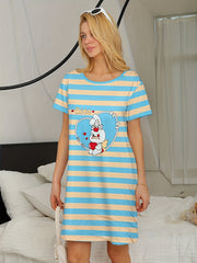 Striped Bunny Lounge Dress Short Sleeve Women's Loungewear