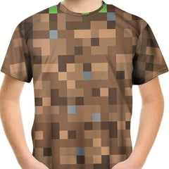 Brown Squares Pattern T shirt For Kids Short Sleeve Top Casual Tee Boy's Clothes