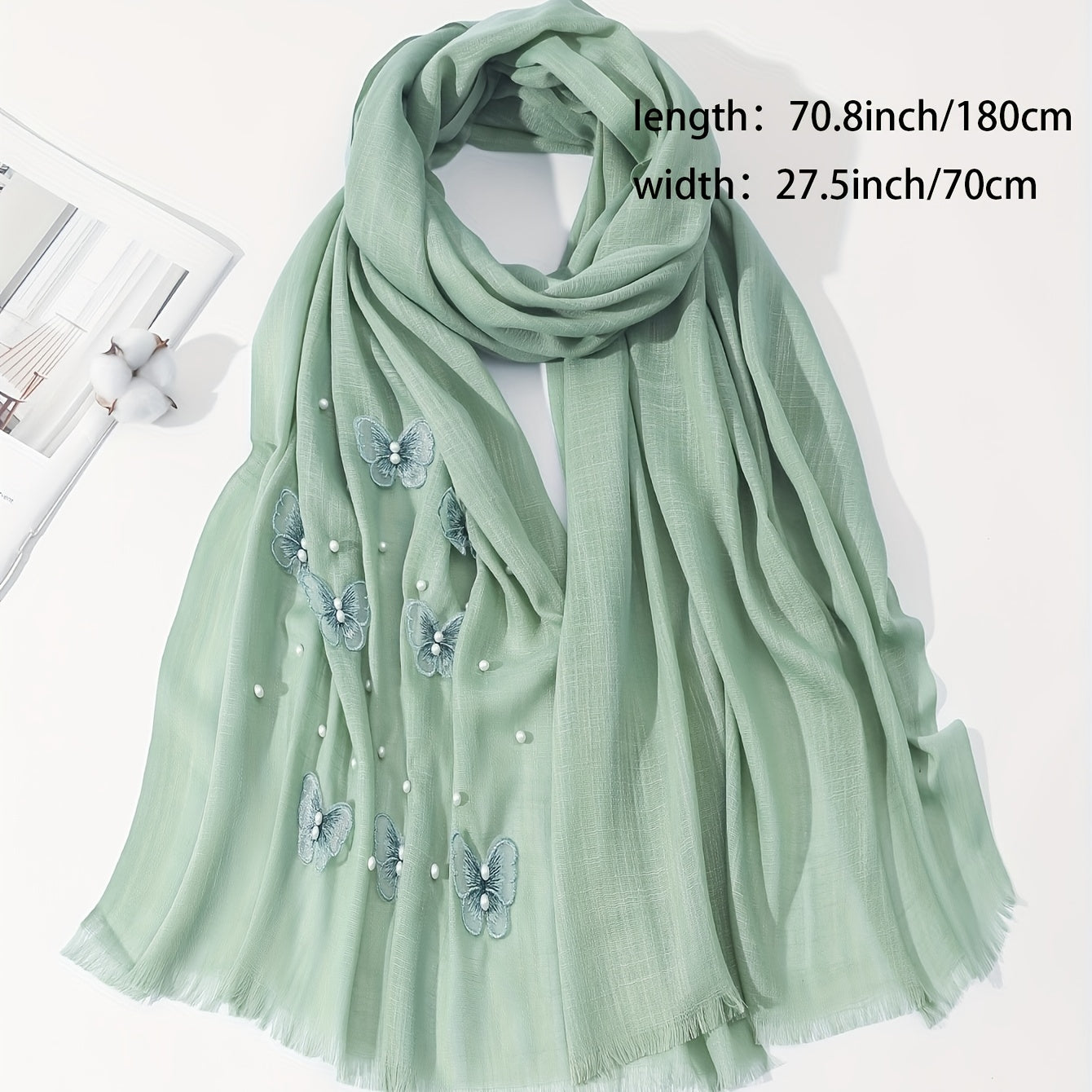 Butterfly Embroidered Scarf Pearl Decorated Thin Fringed Shawl