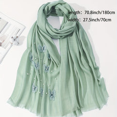 Butterfly Embroidered Scarf Pearl Decorated Thin Fringed Shawl