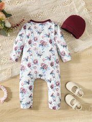 2pcs Baby Girls Floral Print Romper & Hat Set Kids Casual Clothes