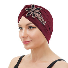Wine Red Beaded Flower Turban Head Wrap Elastic Chemo Hat