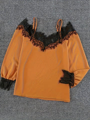 Colorblock Lace Cold Shoulder Top