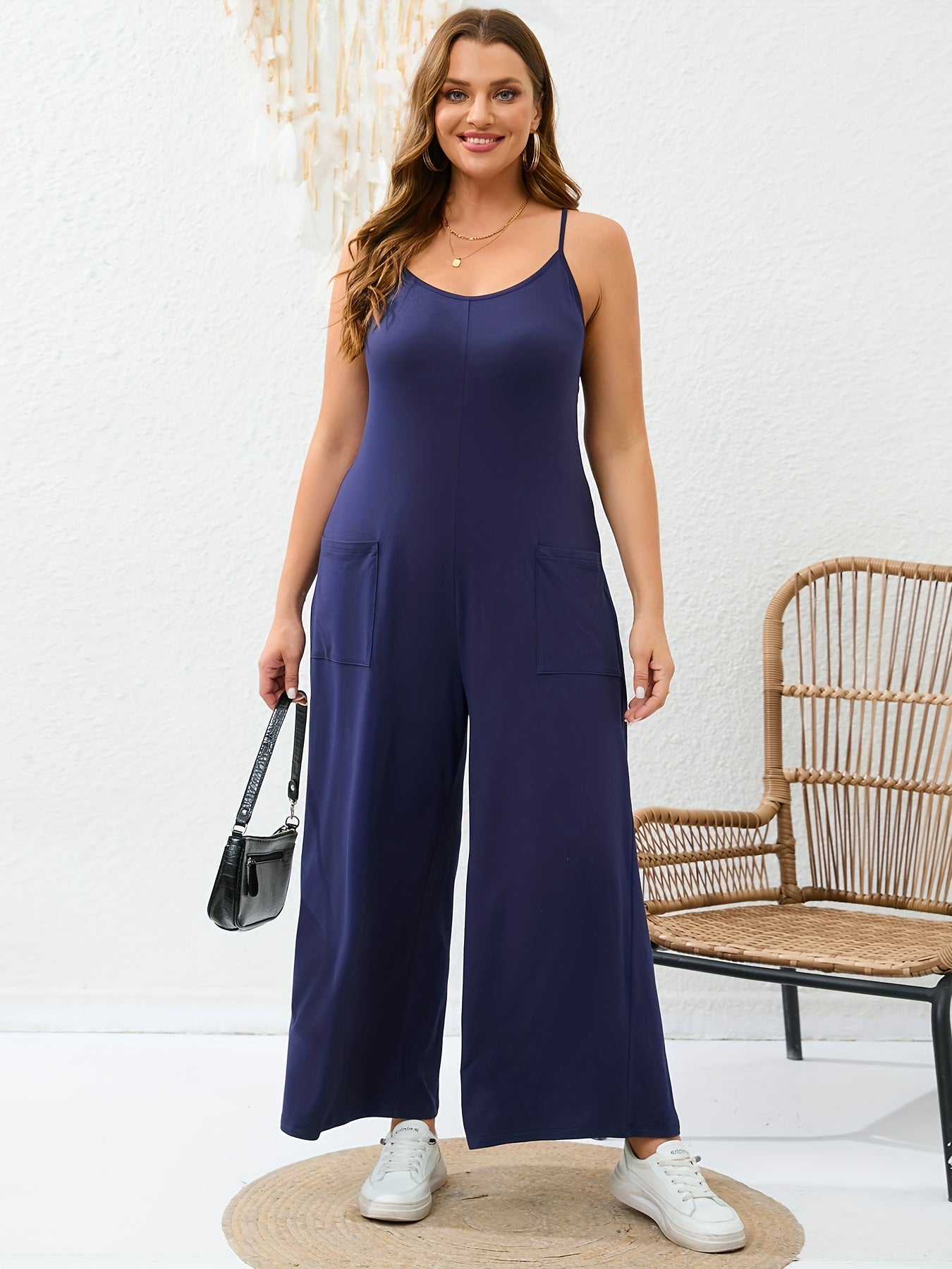 Casual Jumpsuit Women's Plus Plain V Neck Wide Leg Medium Stretch Cami