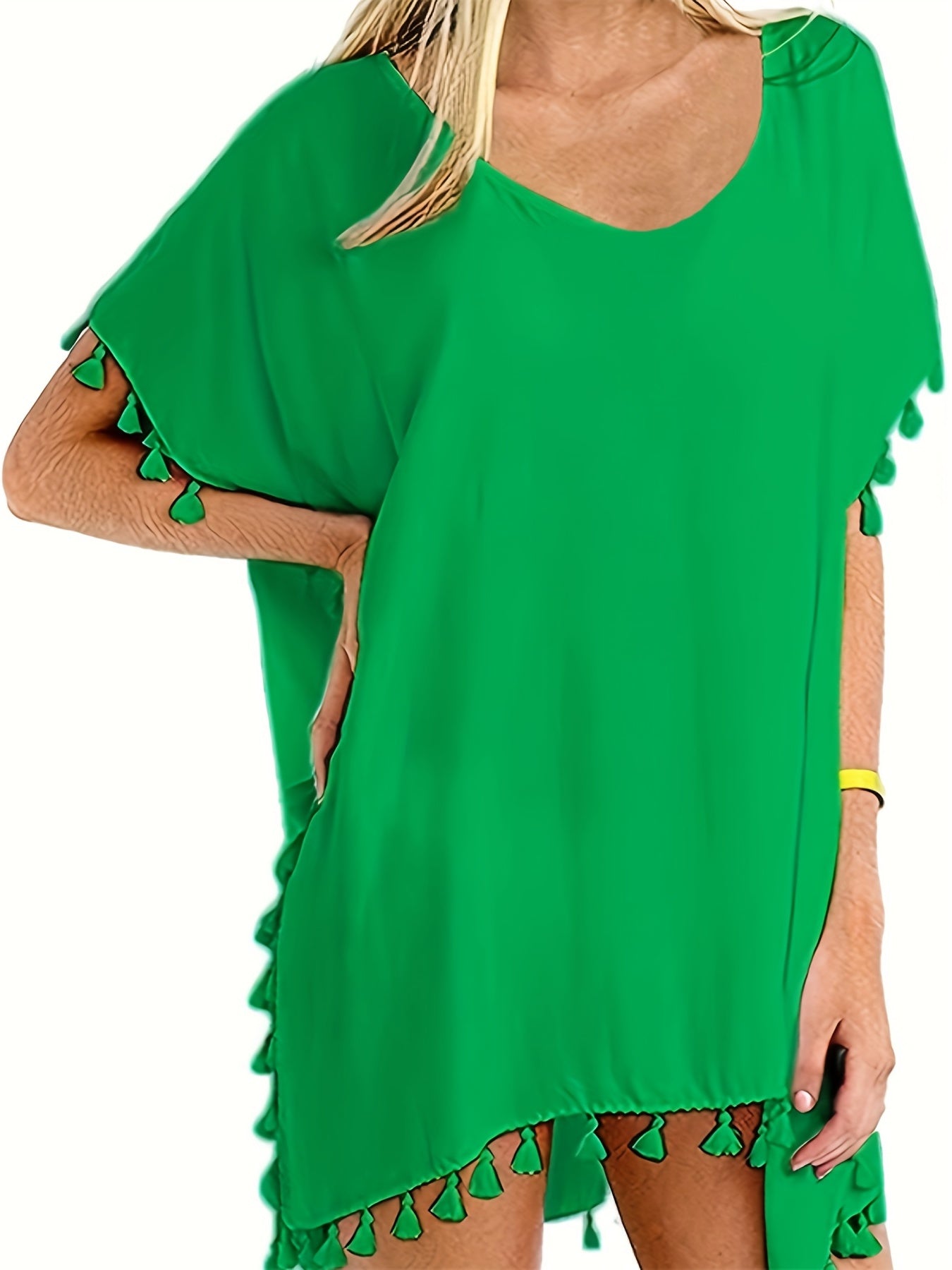 Tassel Decor Cover Up Shirt Round Neck Boho Style Semi Sheer Split Cover Ups