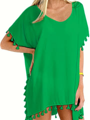 Tassel Decor Cover Up Shirt Round Neck Boho Style Semi Sheer Split Cover Ups
