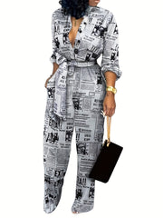 Newspaper Print Tie Front Jumpsuit Casual Button Down One Piece Jumpsuit