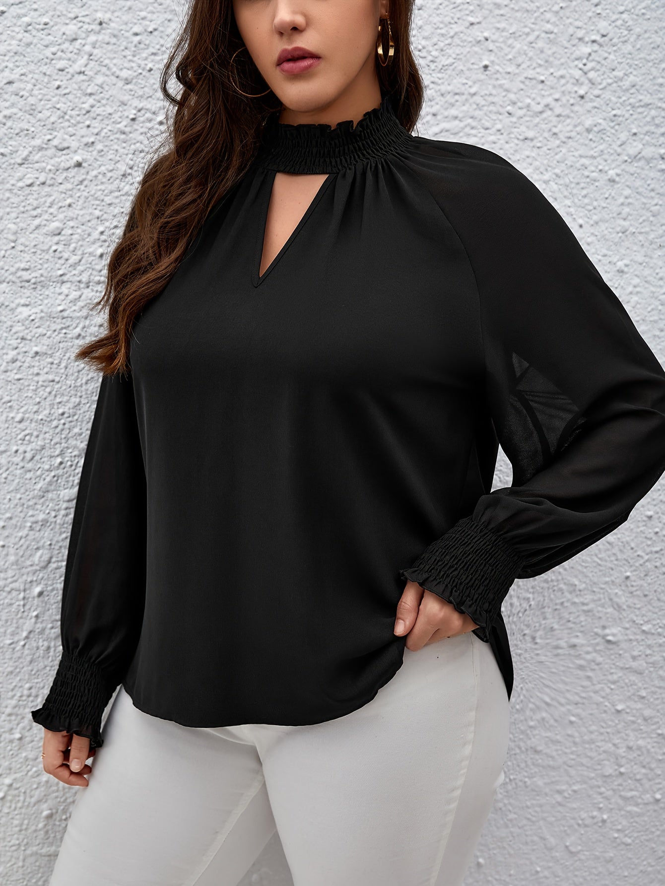 Mesh Shirred Sleeve Mock Neck Top