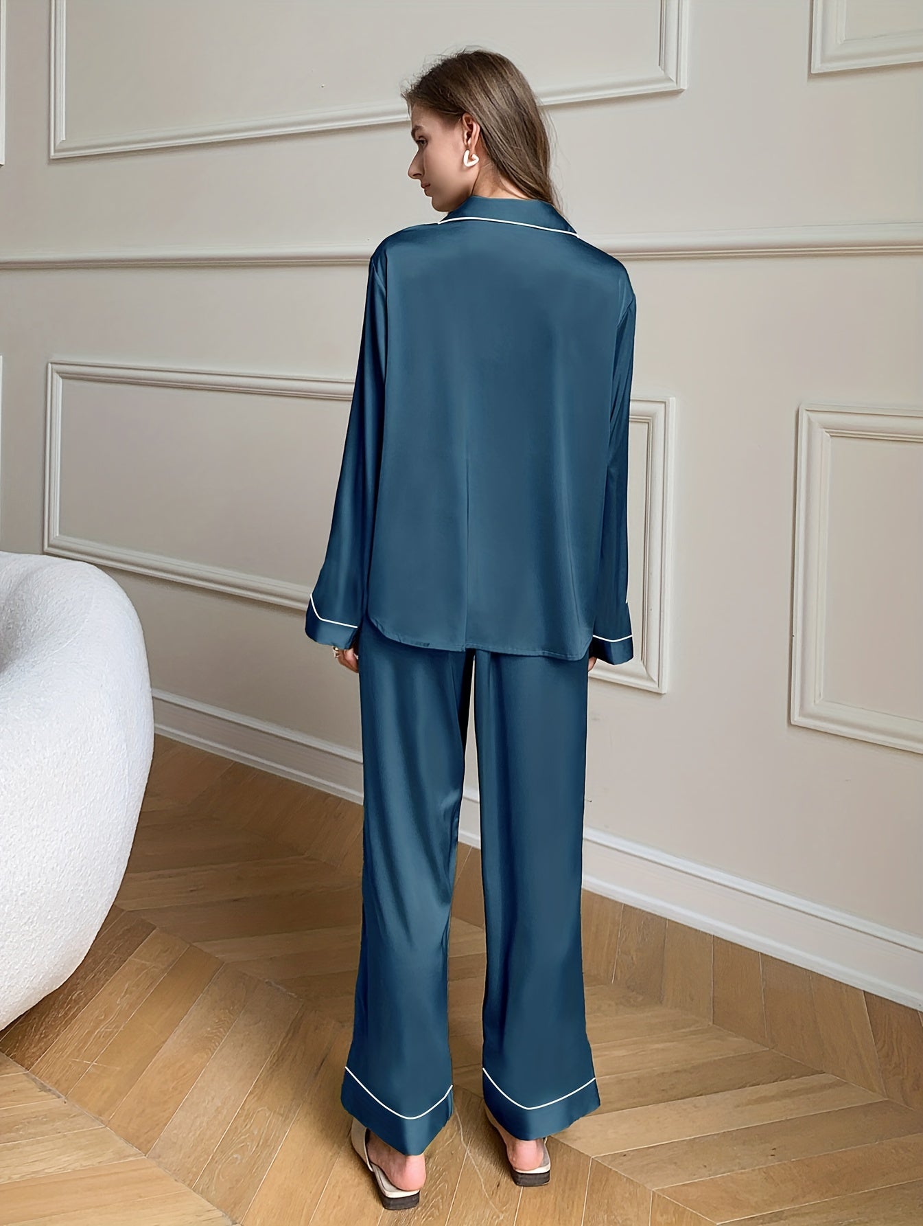 Solid Satin Lounge Set Long Sleeve Top & Elastic Waistband Pants