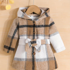 Baby Girls Plaid Belted Fleece Warm Coat Hooded Jacket