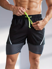 Men's 2 In 1 Running Shorts Phone Pocket Drawstring Sport Shorts