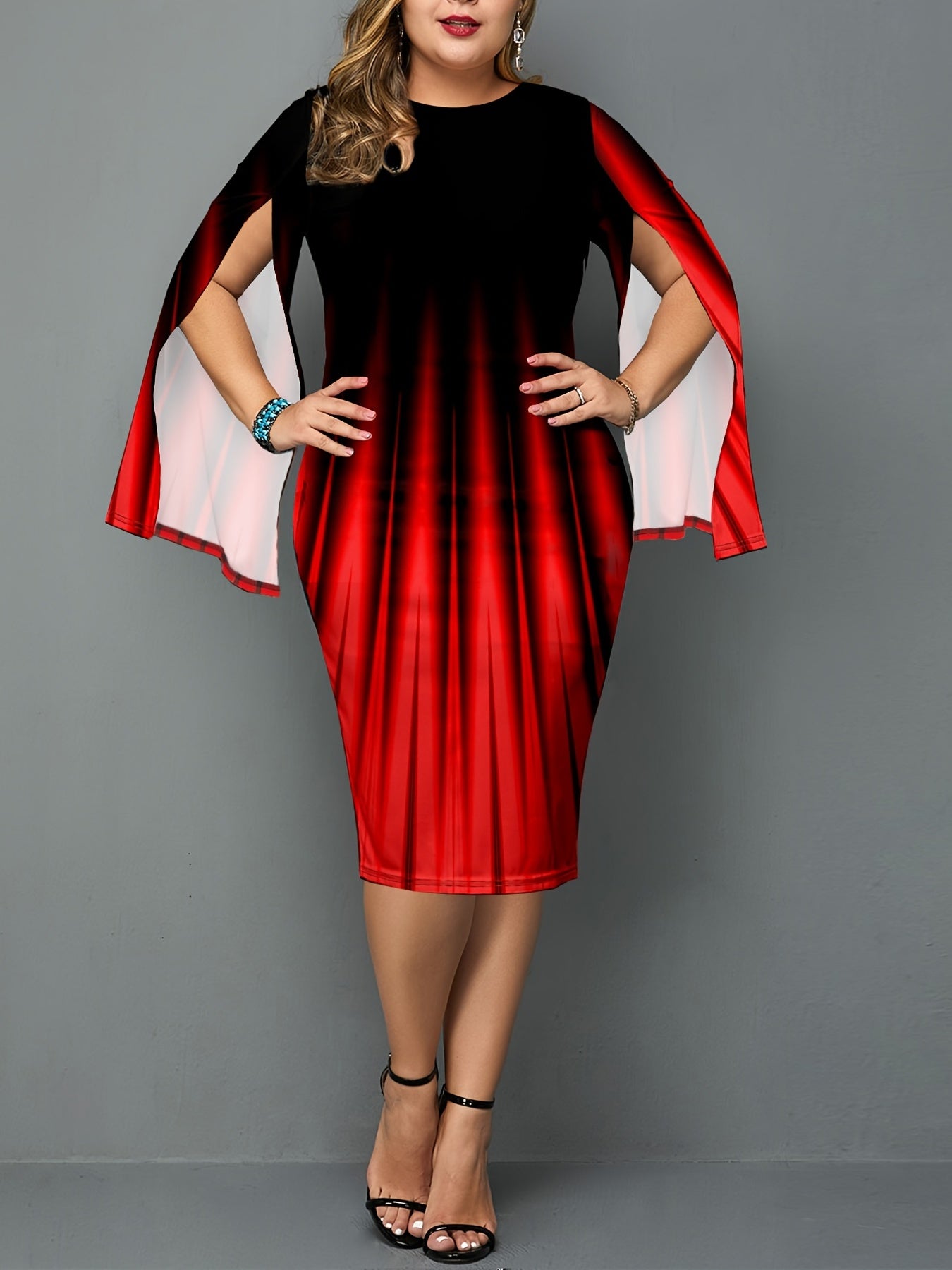 Ombre Stripe Print Long Sleeve Midi Dress