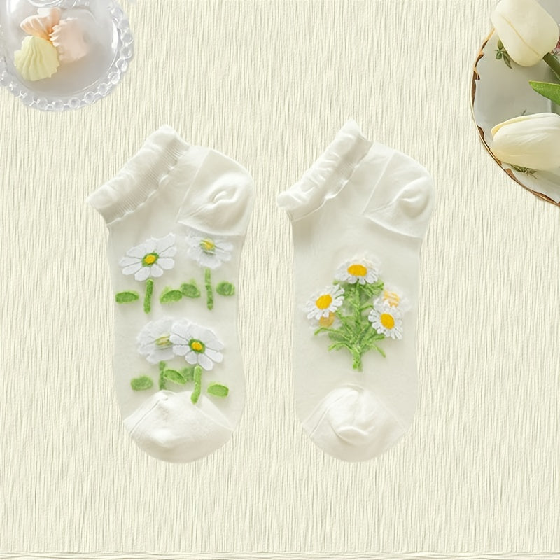 Girls Floral Crystal Lace Ankle Socks - Breathable Ice Silk Summer Sock