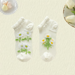 Girls Floral Crystal Lace Ankle Socks - Breathable Ice Silk Summer Sock