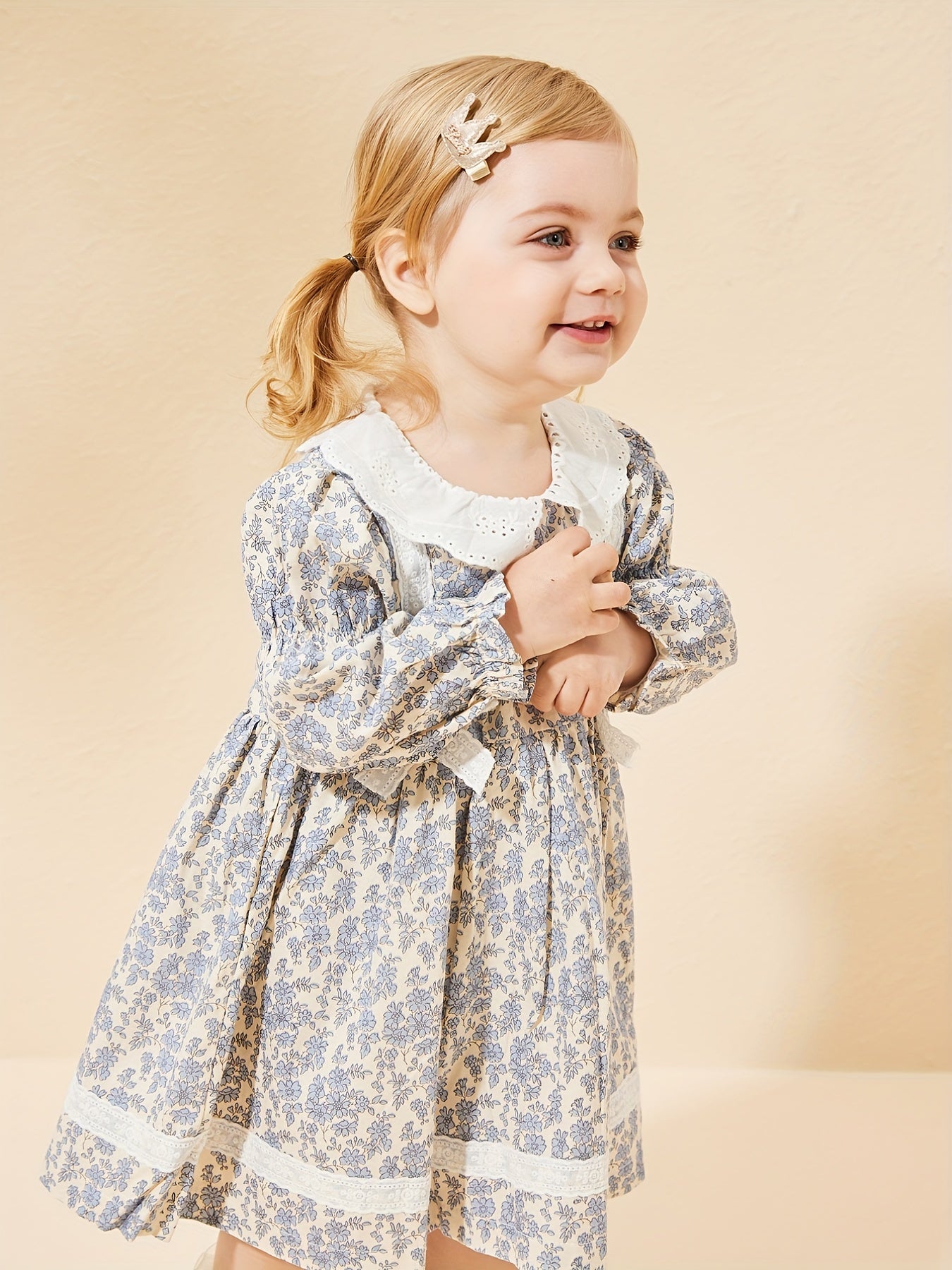 Baby Girls Floral Dress Lace Bowknot Ruffle Long Sleeve Princess Dress