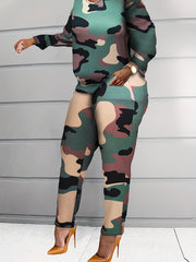 Women's Plus Denim Print Distressed Top & Pants Set