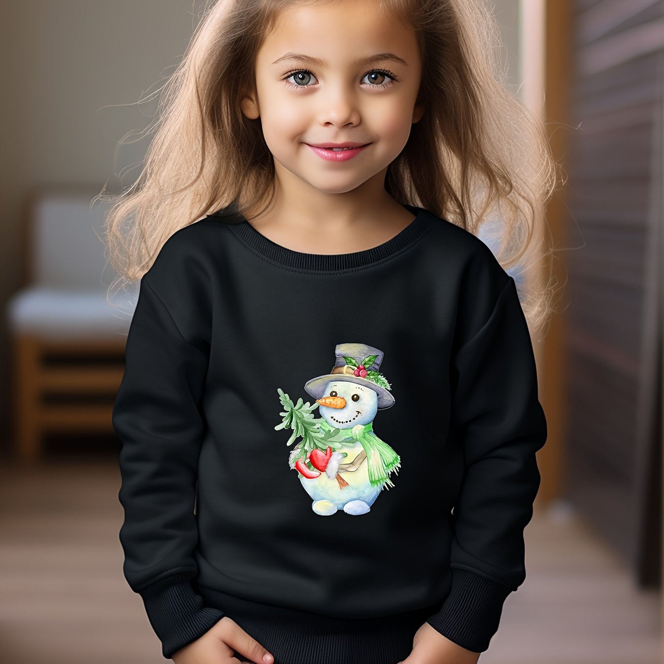 Christmas Snowman Print Girls Pullover Sweatshirt Long Sleeve Crew Neck Tops