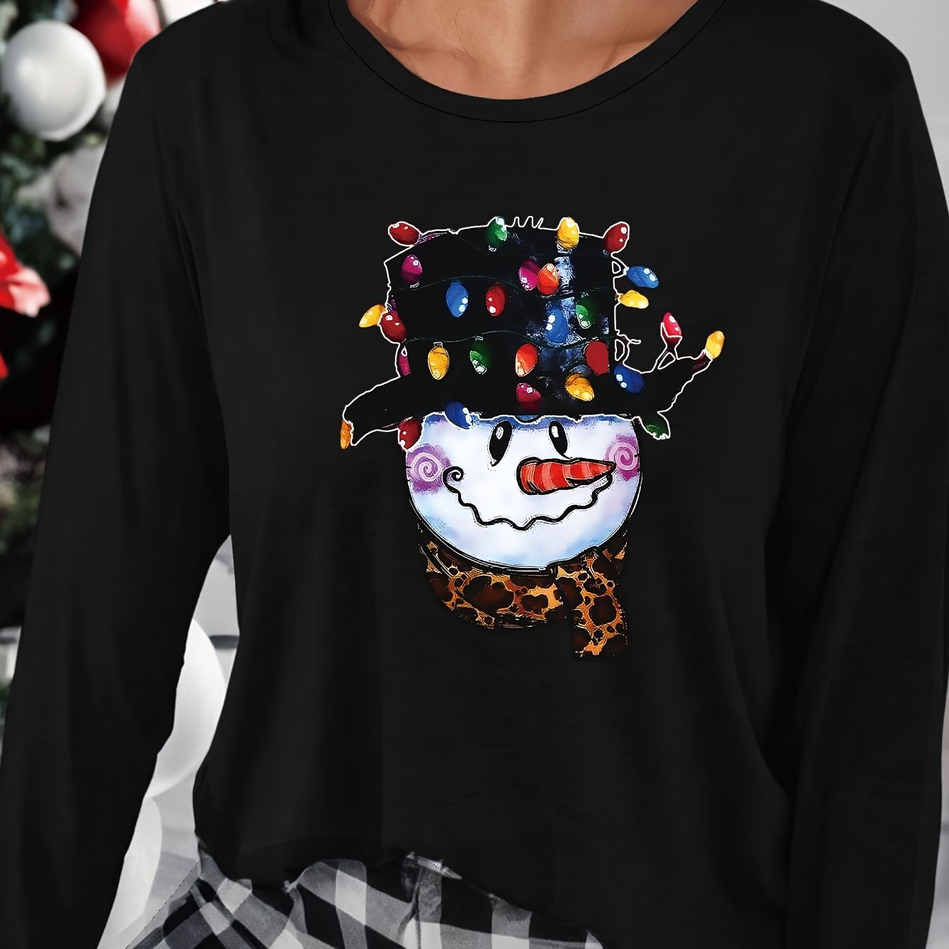 Christmas Snowman Print Lounge Tops Long Sleeve Crew Neck Top Women's Loungewear