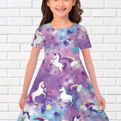 3D Unicorn & Starry Sky Graphic Short Sleeve Dress Girls Comfy Dresses