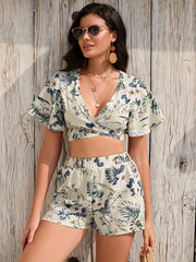 Floral Print Surplice Neck Ruffle Sleeve Two Piece Set