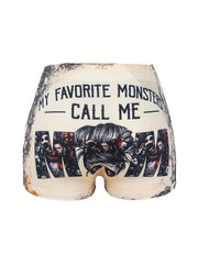 Plus Size Sexy Shorts Women's Plus Art Letter & Monster Print