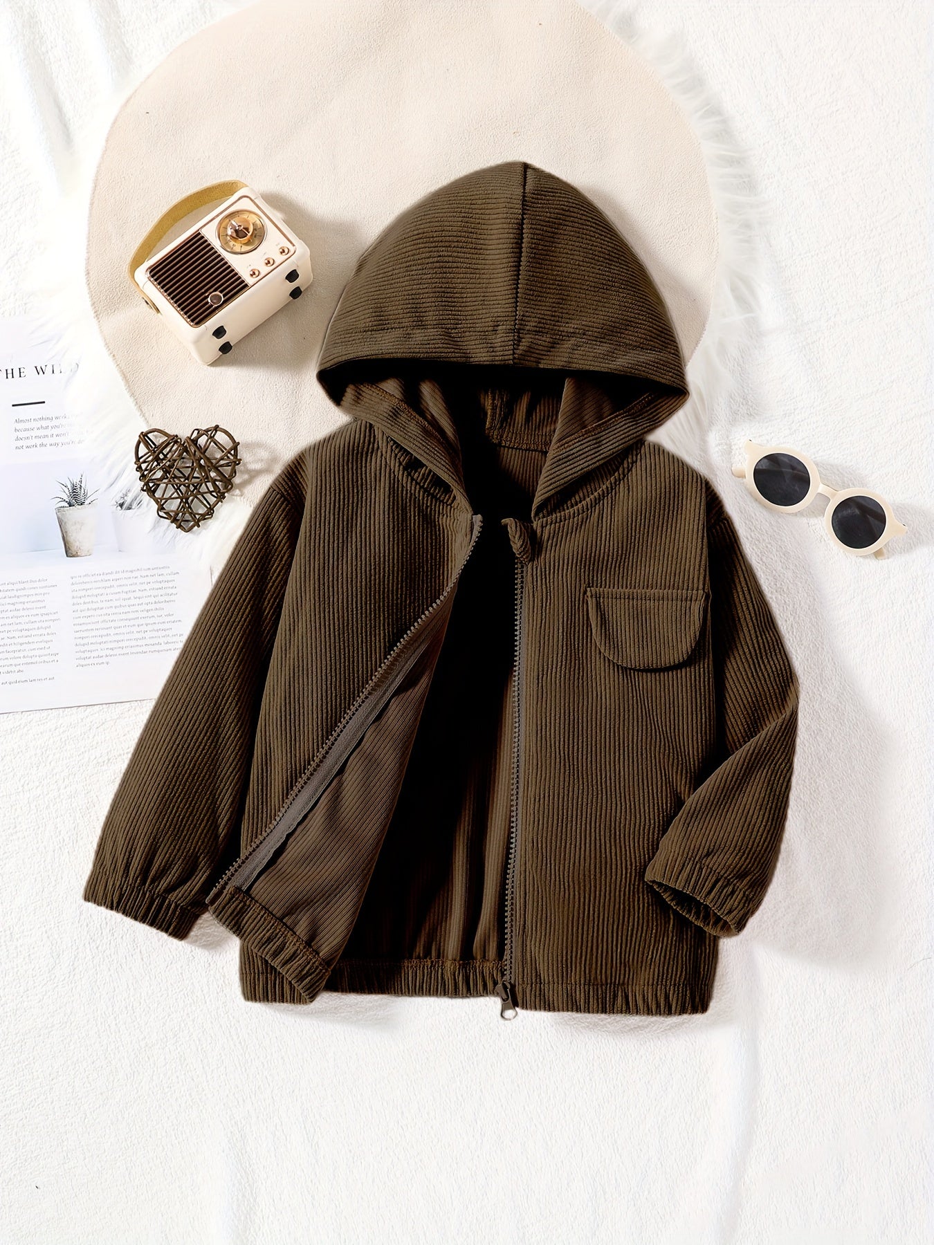 Boys Corduroy Zip Hooded Jacket With Pocket