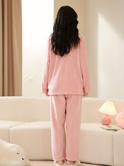 Fuzzy Pajama Set Long Sleeve Top & Elastic Waistband Pants Women's Sleepwear