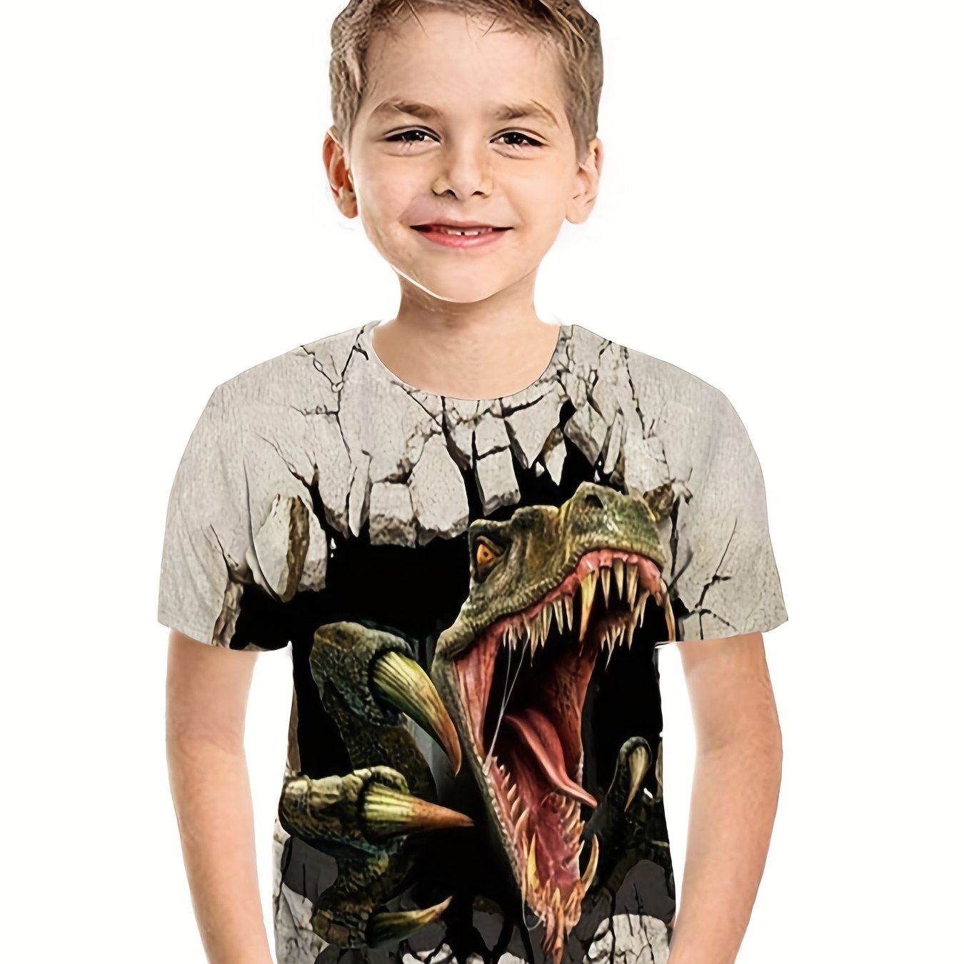 Kids Dino Print T Shirt Short Sleeves Crew Neck for Outdoor Adventures