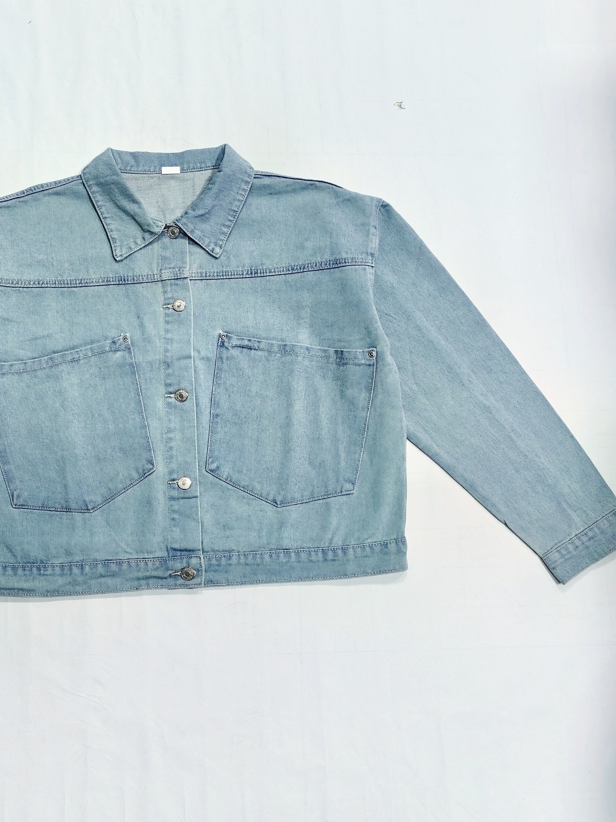 Casual Denim Top Women's Plus Solid Button Up Long Sleeve