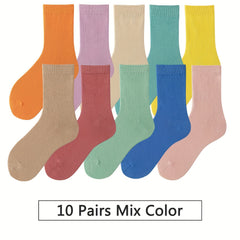 10 Pairs Mid Tube Women's Solid Socks Comfy & Breathable Stockings