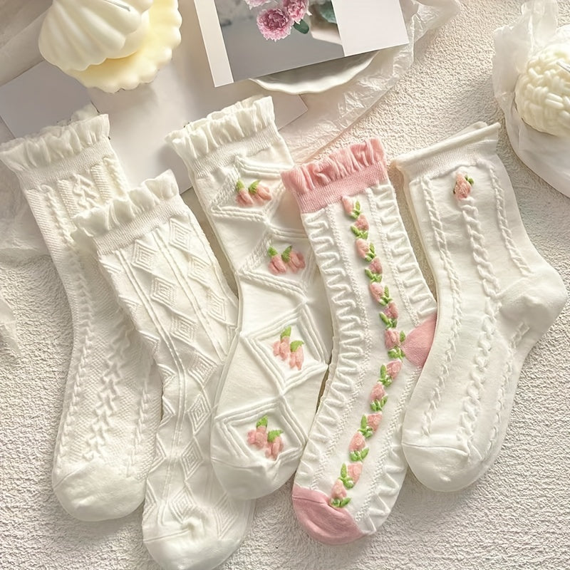 5 Pairs Floral Print & Ruffle Trim Socks Women's Stockings
