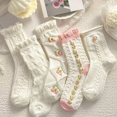 5 Pairs Floral Print & Ruffle Trim Socks Women's Stockings