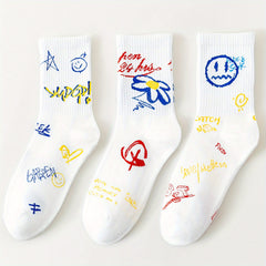 3 Pairs Cartoon Graffiti Socks Comfy Mid-Tube Women's Stockings
